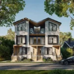 Street view of a six unit townhouse development in vancouver