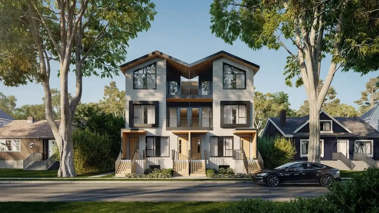 Street view of a six unit townhouse development in vancouver